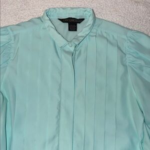 VTG David Hollis Pleated Button Up Blouse Puff Sleeve Mandarin Secretary 80s